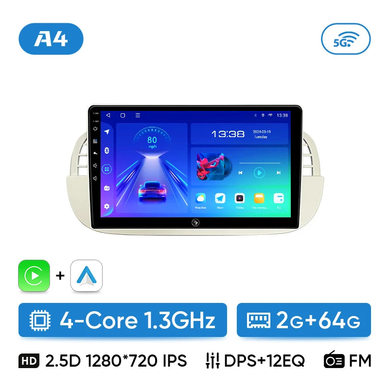 Ainavi 9" Android Car Stereo for Fiat 500 — CarPlay, Android Auto, GPS, Steering-Wheel Control