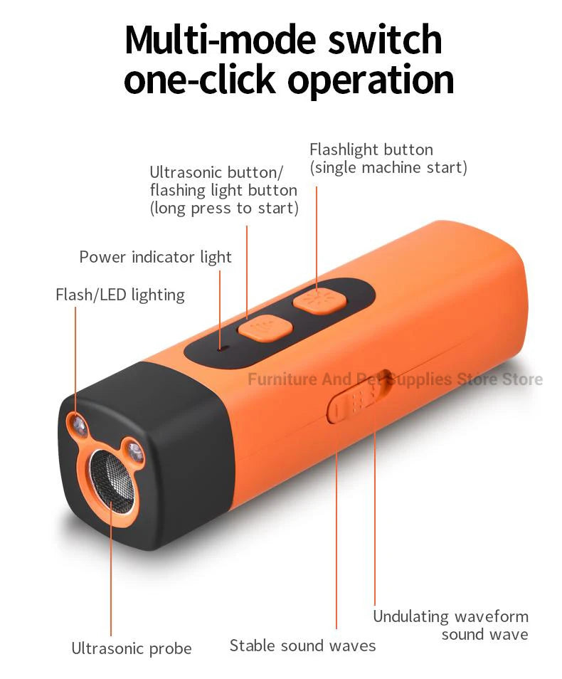 Rechargeable Ultrasonic Dog Repeller & Anti-Bark Deterrent – Dog Training Device with LED Flashlight | Orange