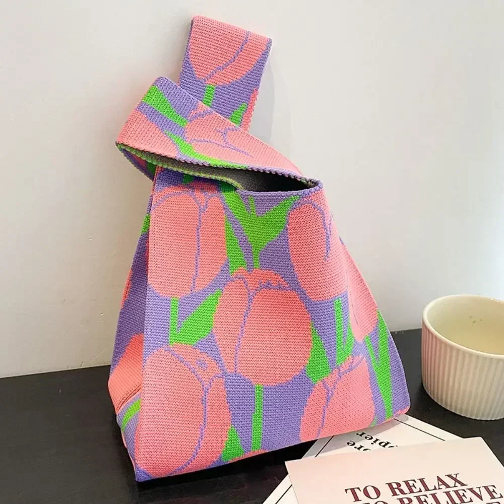 Cat Knit Handbag Fashion Knit Handmade Shopping Bags High-capacity Knot Wrist Bag Girls