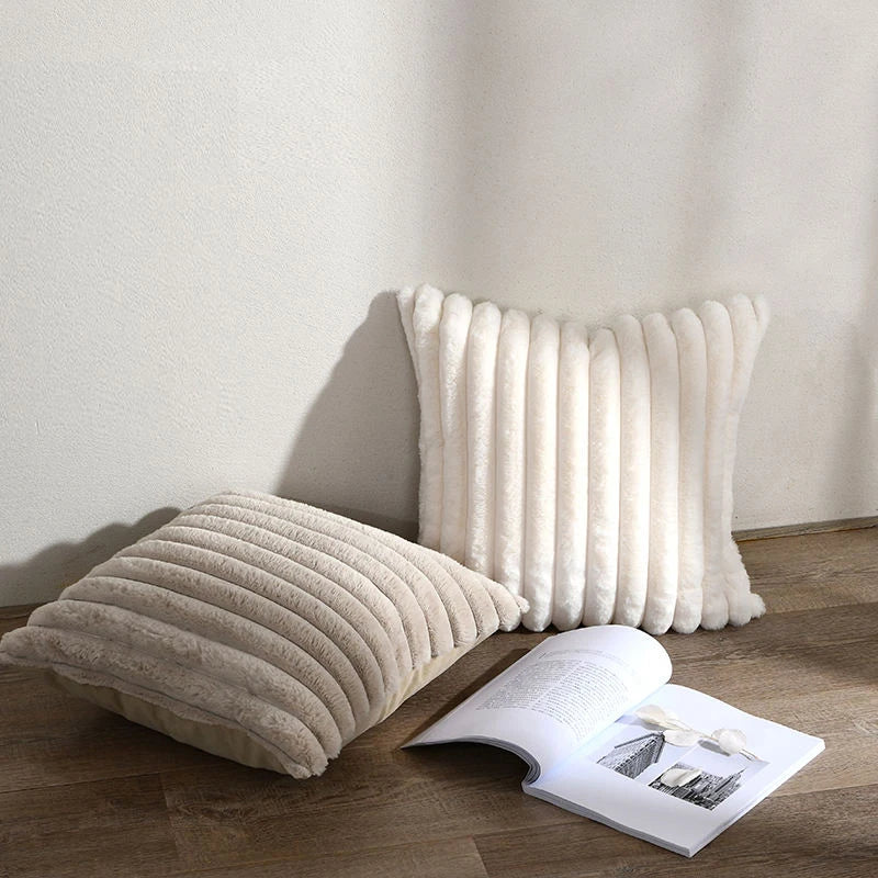 Fuzzy Striped Throw Pillow Cover - Soft Plush Cushion Case for Sofa