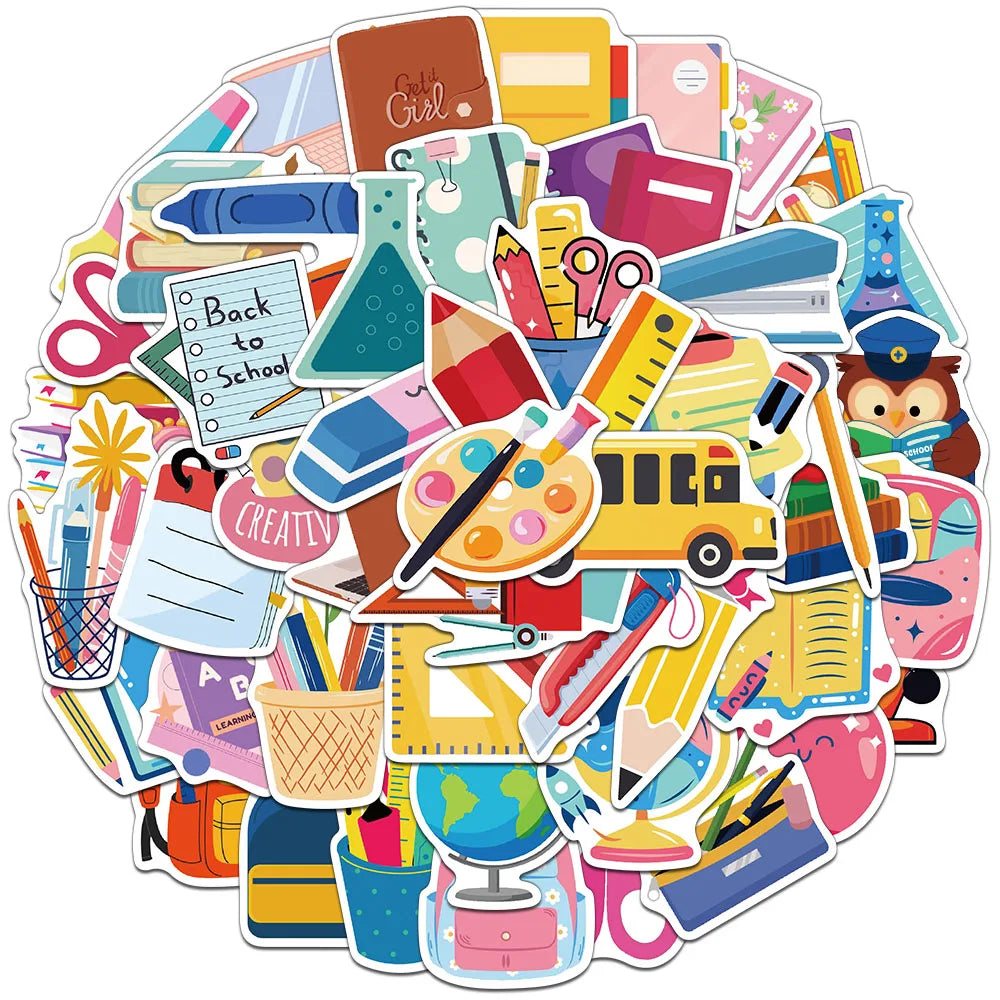 50PCS Creative Back to School Stickers Decorative Phone Cases Notebook Water Cups DIY Personalized Waterproof Stickers
