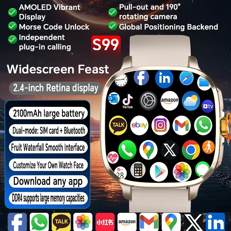 Global Version Smartwatch 2.4 inch Amoled Screen insert Sim Card GPS WIFI 190° Rotating Camera Game Android 13.0 Smart Watch