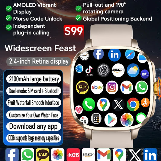 Global Version Smartwatch 2.4 inch Amoled Screen insert Sim Card GPS WIFI 190° Rotating Camera Game Android 13.0 Smart Watch