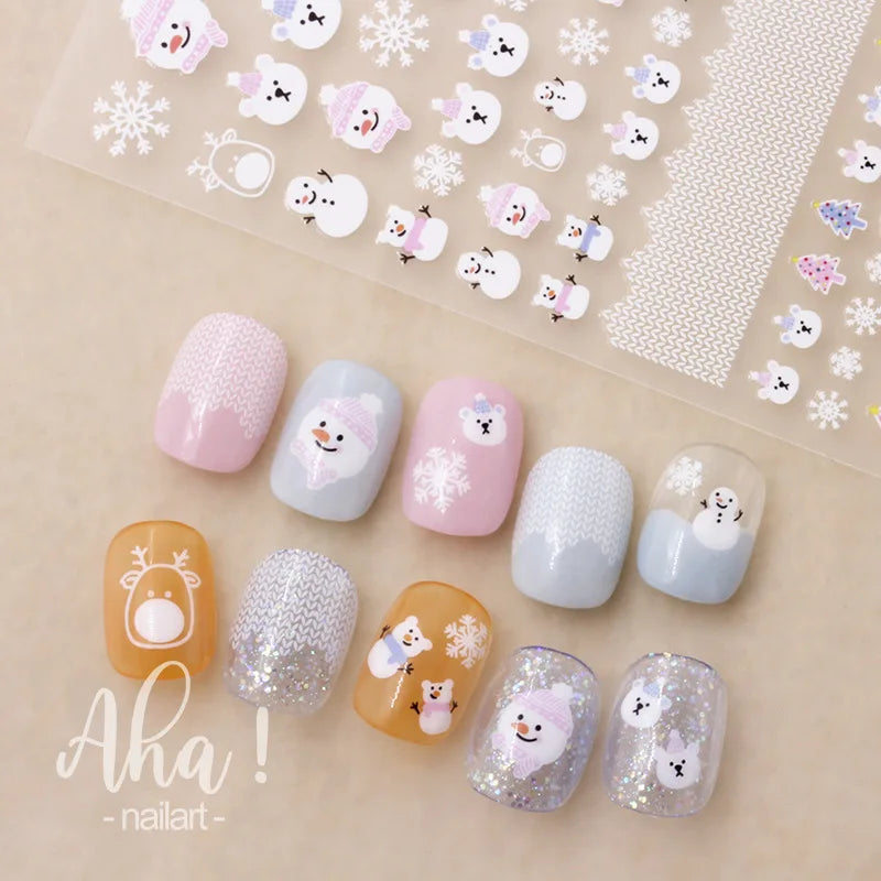 1pcs 5D Embossed Snowflakes/Snowman/Santa Claus/Reindeer Nail Art Stickers Self-Adhesive Cute Christmas Nail Art Decals 8*10CM