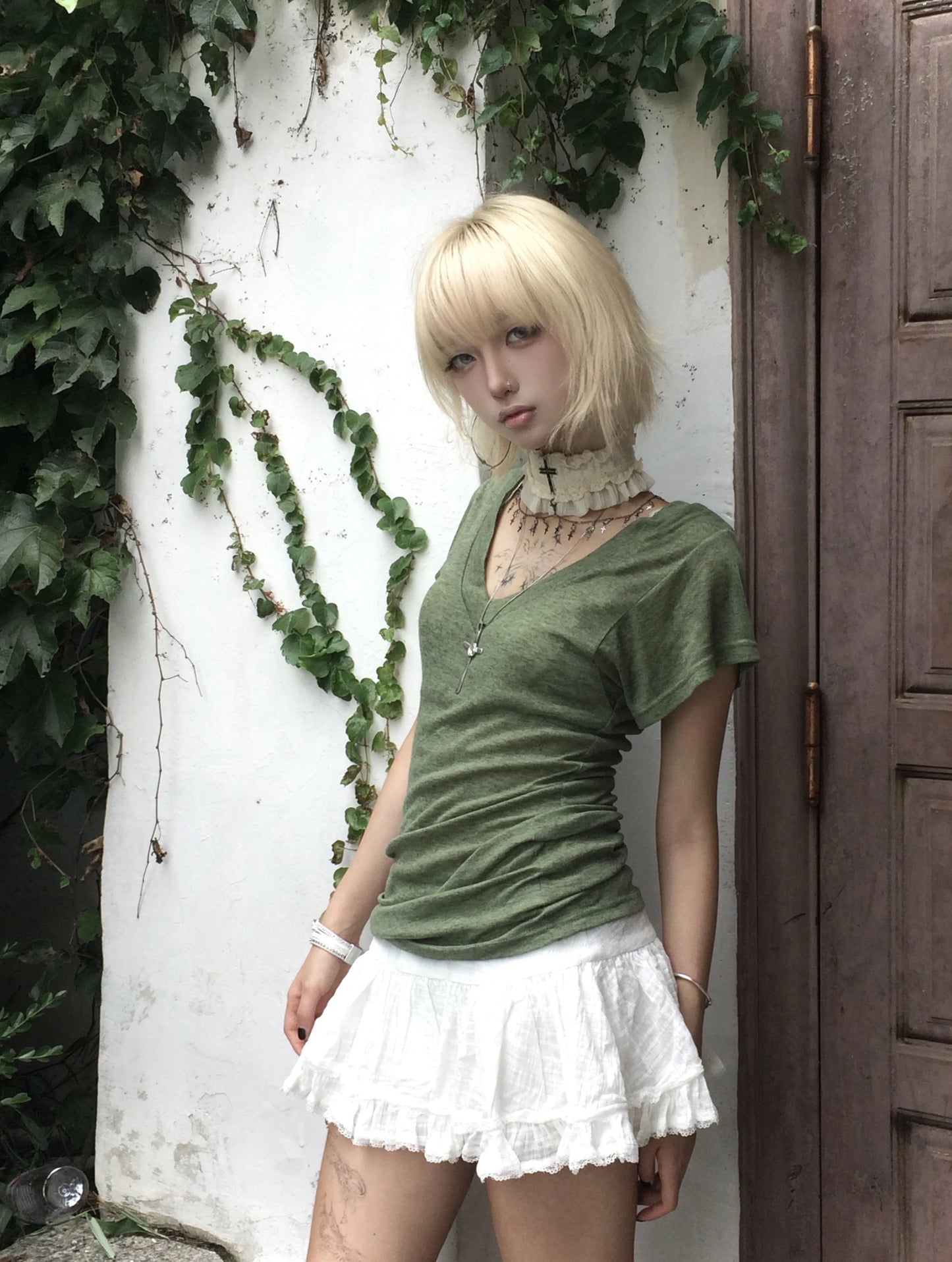 Karrram Japanese Y2k Green Knitted T-shirt Trashy 2000s Style V-neck Top Vintage Harajuku Short Sleeve Tee Shirt American Retro