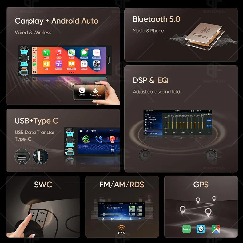 6.86" 1-DIN Car Stereo with Wireless CarPlay & Android Auto — Touchscreen MP5, Bluetooth, FM/AM, USB-C