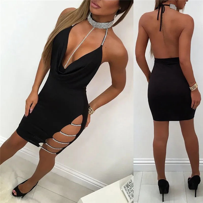 Women's Deep V-Neck Backless Side Split Bodycon Mini Dress – Silver Collar Club & Party Dress | S–XL (Black, Khaki)