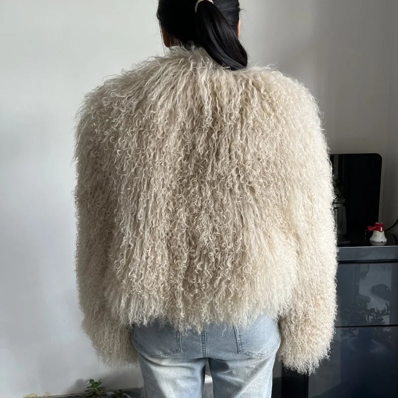 Women's Mongolian Sheep Fur Jacket, Round Neck