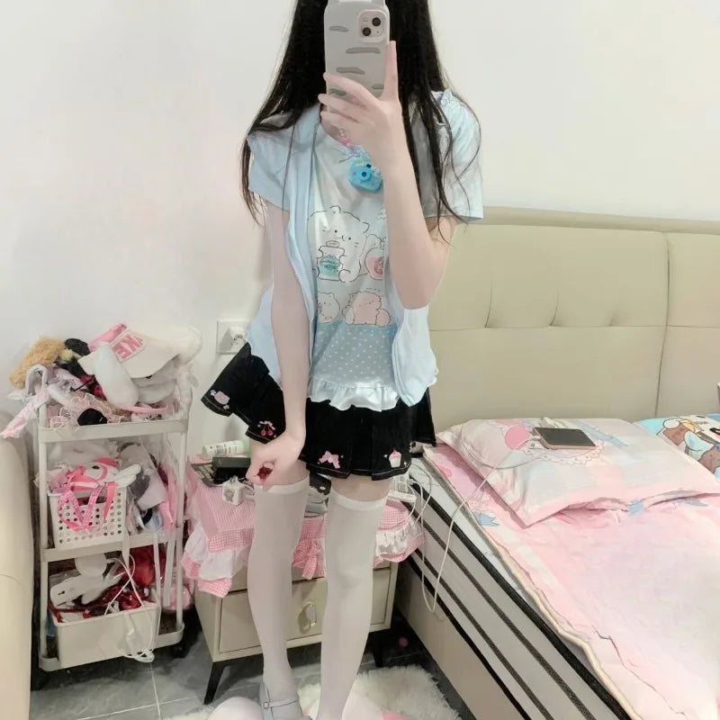Kimutomo Japanese Petite Sweet Cute Replica Girl Outfit Short Sleeved Top Women Versatile Group Print Butterfly Round Neck