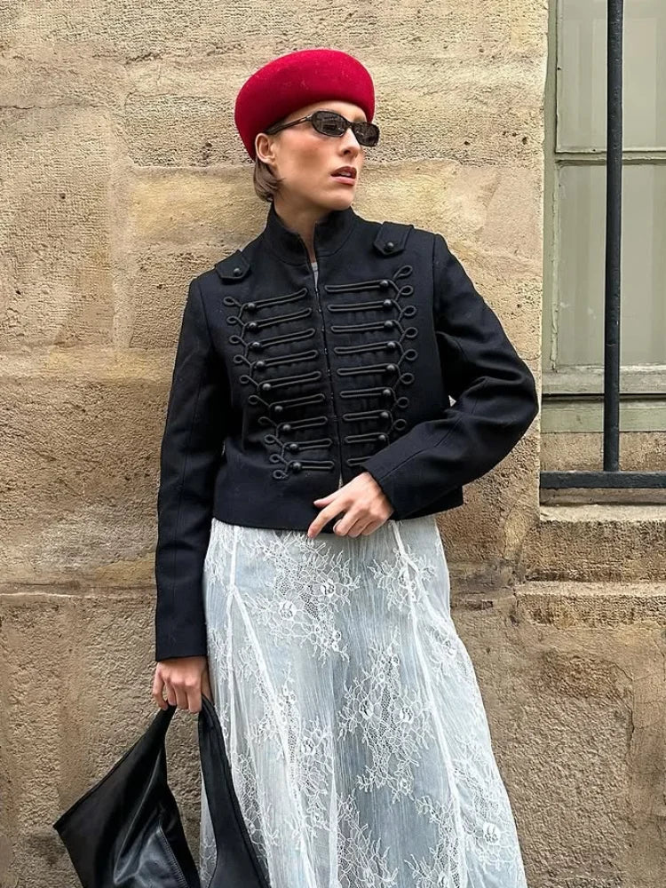 Women Retro Black Short Military Jacket Fashion Long Sleeve Stand Collar Slim Crop Jackets 2026 Lady Spring Street Outerwear