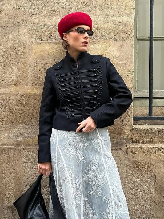 Women Retro Black Short Military Jacket Fashion Long Sleeve Stand Collar Slim Crop Jackets 2026 Lady Spring Street Outerwear