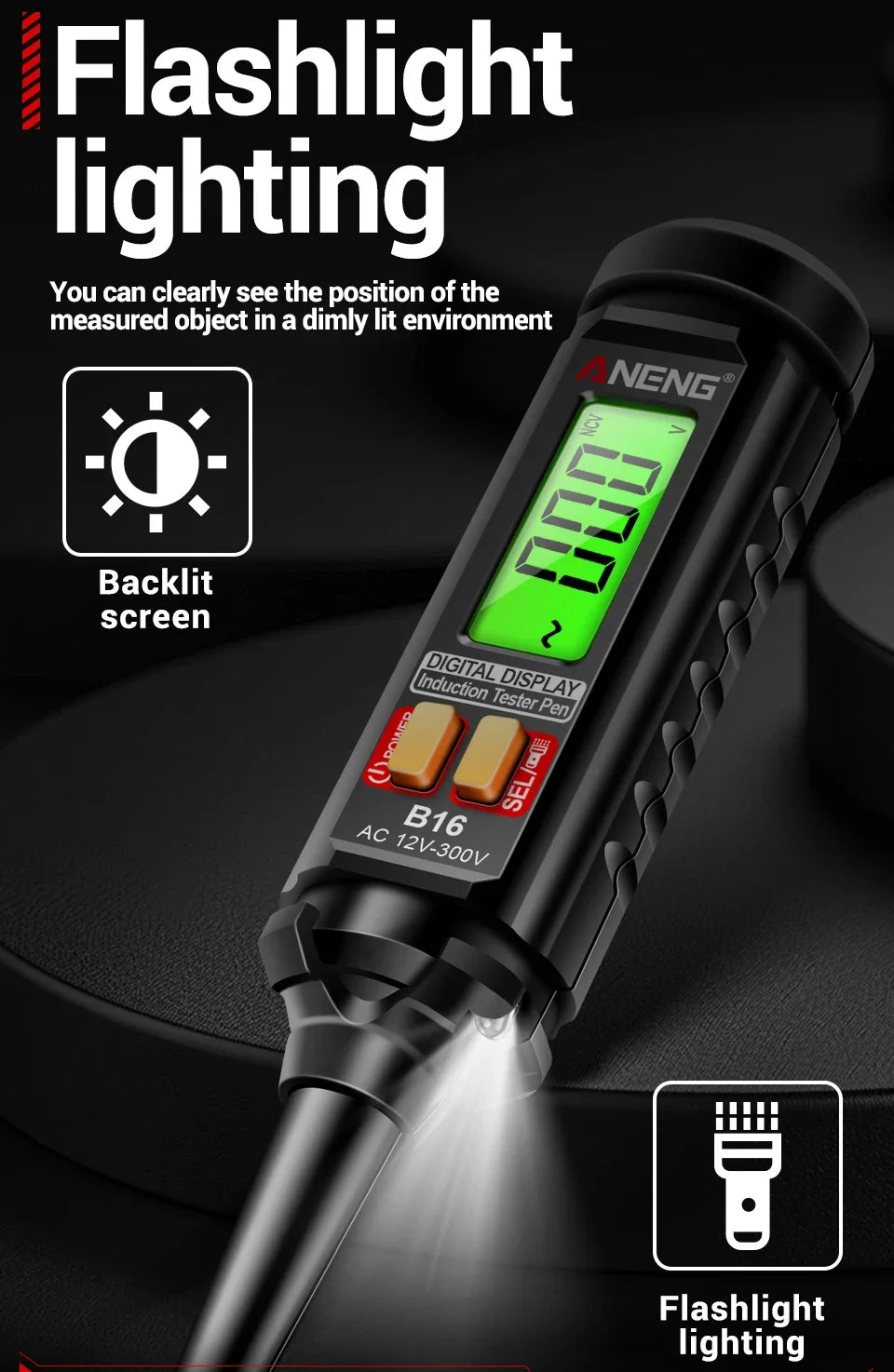 12V-300V AC Voltage Sensing Digital Tester Pen ANENG B16 Word Screwdriver Non-Contact NCV Voltage Sound and Light Alarm Detector