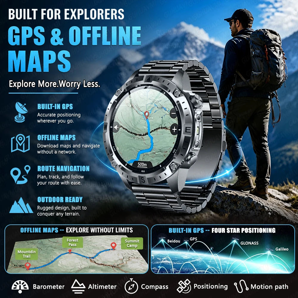 Military-Style GPS Smart Watch — Offline Maps, 10ATM, 2GB RAM