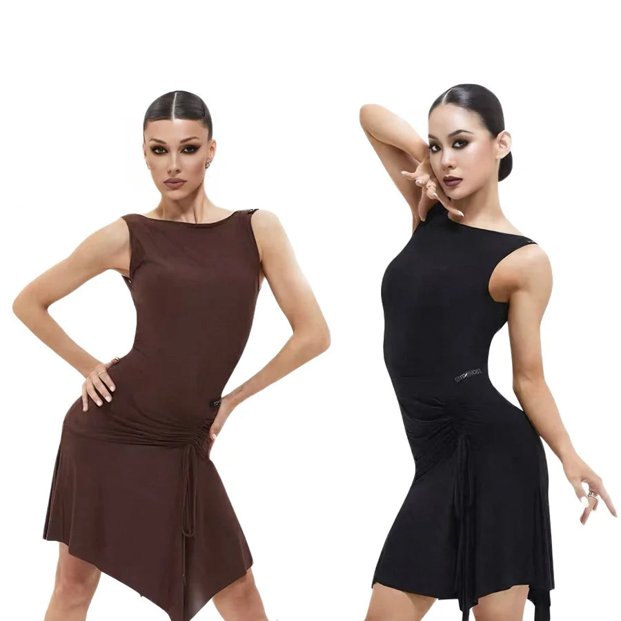Sleeveless ruched Latin practice dress with asymmetric hem