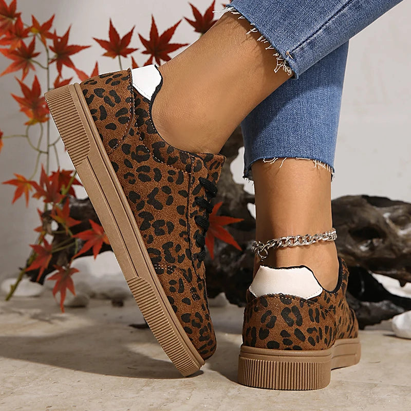 Leopard-Print Platform Sneakers for Women — Lace-Up Non-Slip Sport Shoes, Plus Size