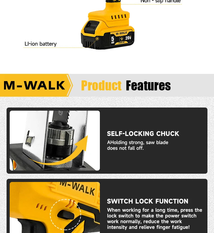 M-WALK 3000RPM Cordless Electric Reciprocating Saw Chainsaw Saber Saw Wood Metal Cutting Power Tool For Dewalt 20V Battery Pin