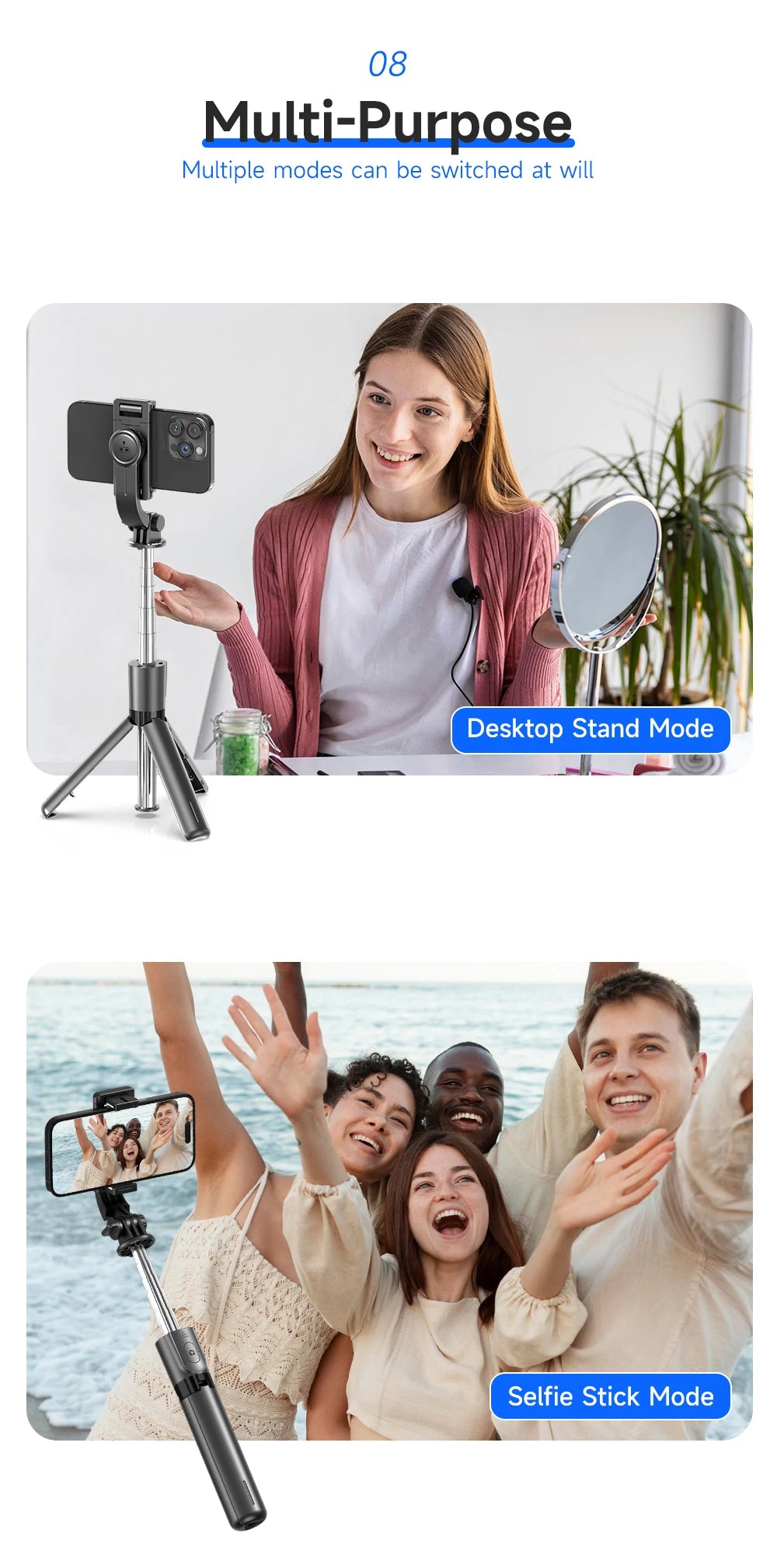F01 Portable 6 Section Extendable Tripod Stand Lightweight Detachable Phone Holder 360 Degree Rotatable Bluetooth Selfie R