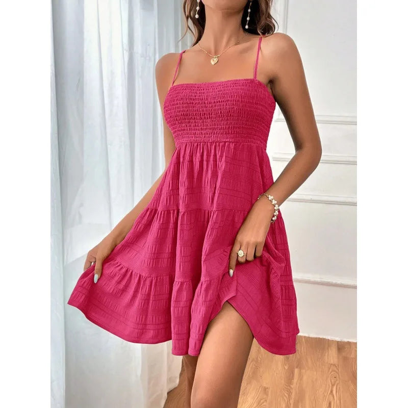 Women's Smocked Tiered Mini Dress — Spaghetti-Strap Ruffle Swing Beach Dress