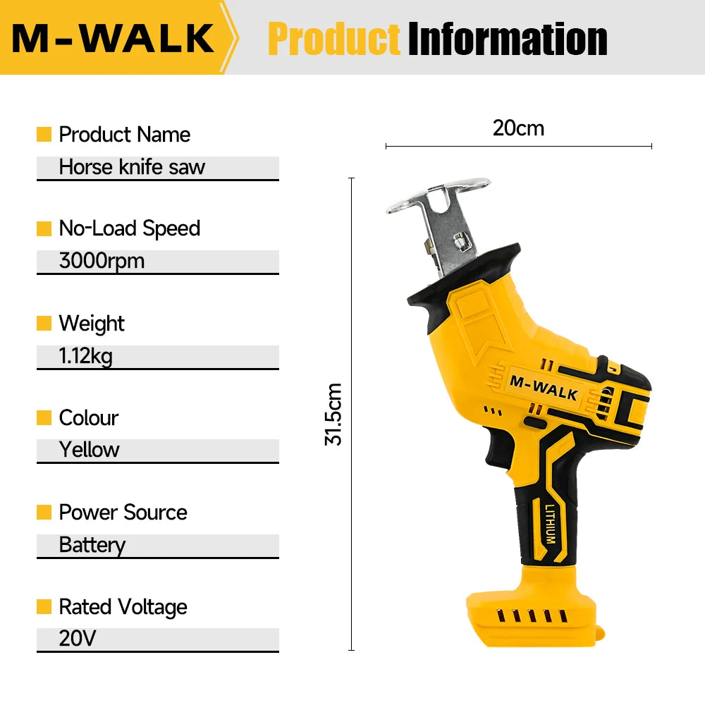 M-WALK 3000RPM Cordless Electric Reciprocating Saw Chainsaw Saber Saw Wood Metal Cutting Power Tool For Dewalt 20V Battery Pin
