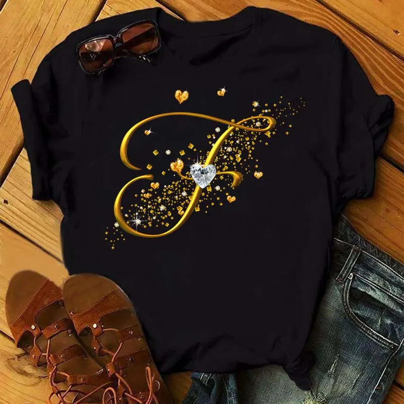 Women's Personalized Letter Graphic Tee — Gold Diamond-Font Monogram Short-Sleeve Top