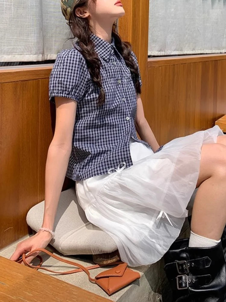 Japanese Plaid Puff Sleeve T Shirt and Cardigan Set Women Summer 2025 Casual Loose Fit Retro Blouse Vintage Sweet Girl Outfit