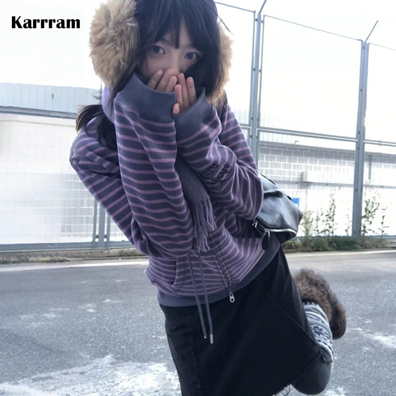 Women's Y2K Striped Zip-Up Knit Cardigan, Purple