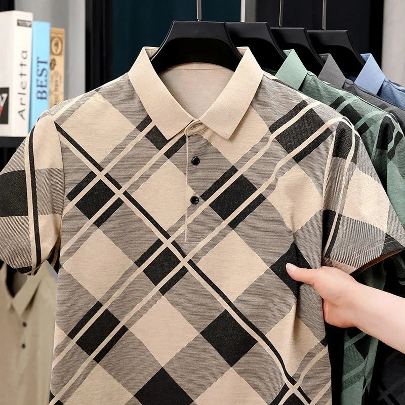 Men's Plaid Polo - Soft Elastic Woven, Retro Oversized Grid