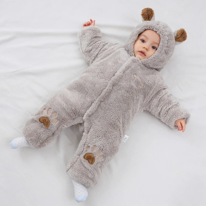 Baby Hooded Romper with Ears - Thick Winter Jumpsuit 0-24 Months - photo 4