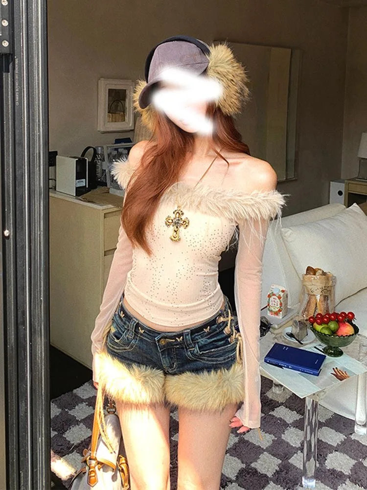 Women's Fluffy-Trim Denim Shorts — Y2K Low-Rise Strap Hot Pants