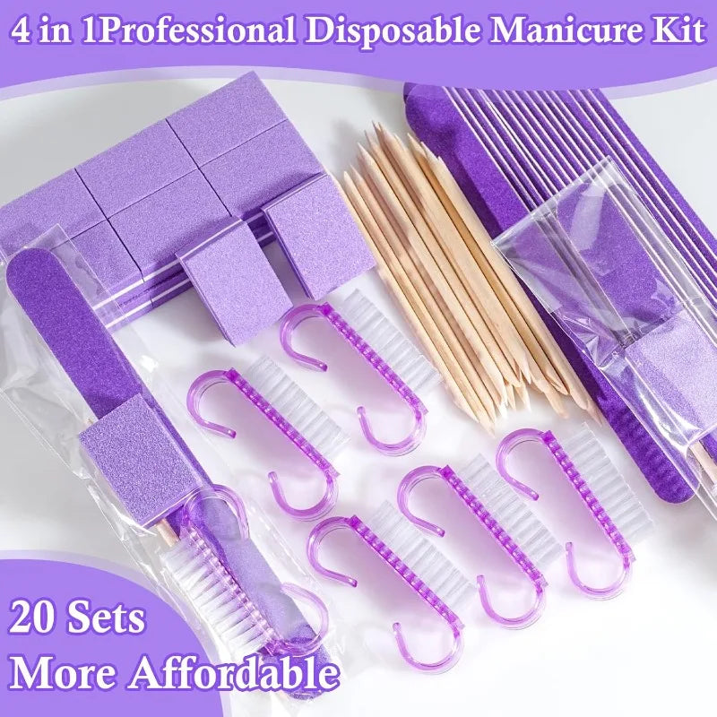 20Sets Disposable Manicure Kit 4 Piece Nail Kit for Travel,Handle Grip Brush,Mini Nail Buffer Nail File and Wood Stick for Gifts
