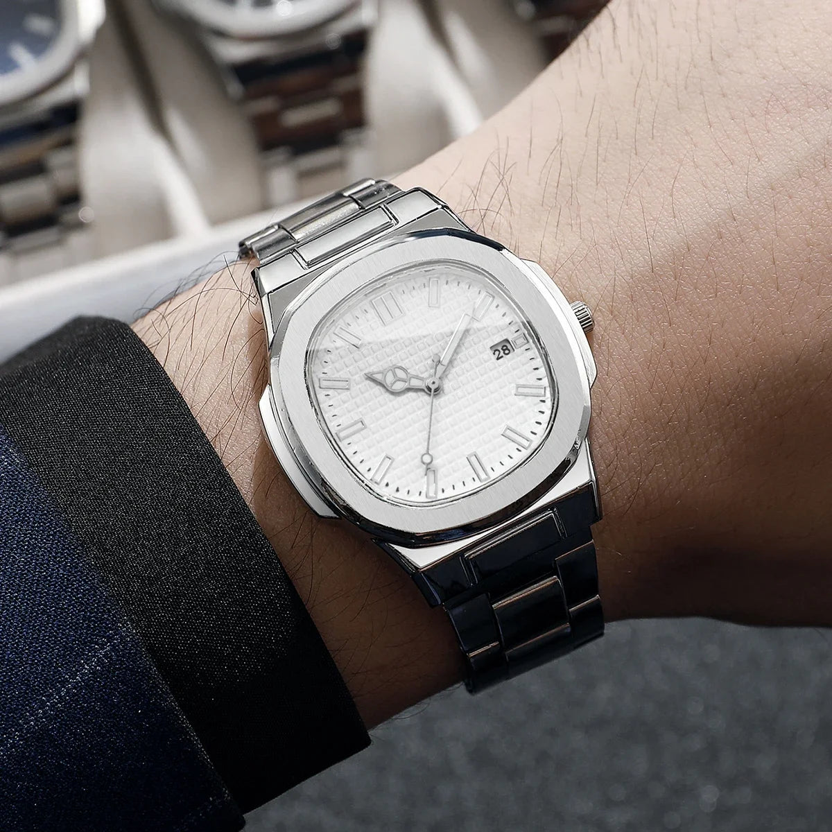 Men's Square Quartz Watch with Calendar – Minimalist Business Dress Watch