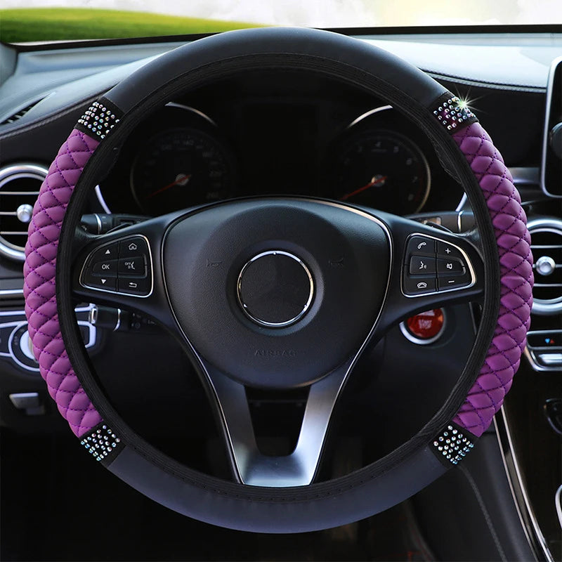 Four Seasons Universal Car Steering Wheel Cover 37-38cm Leather Embroidered Color Diamond-Studded Elastic Steering Wheel Cover