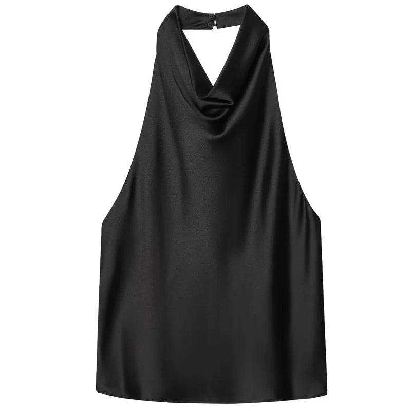 Women's Satin Halter Crop Top — Off-Shoulder Backless Sleeveless Cami