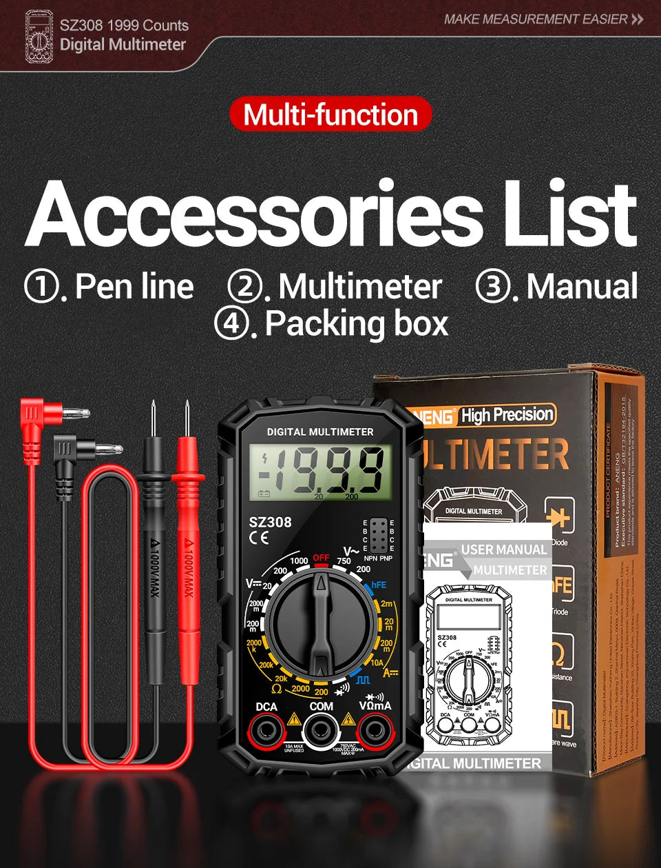 Digital MultimeterAC/DC Current Voltage Resistance Meter Meter Electrician LCD Backlight Ohm Square Wave Test tools ANENG SZ308