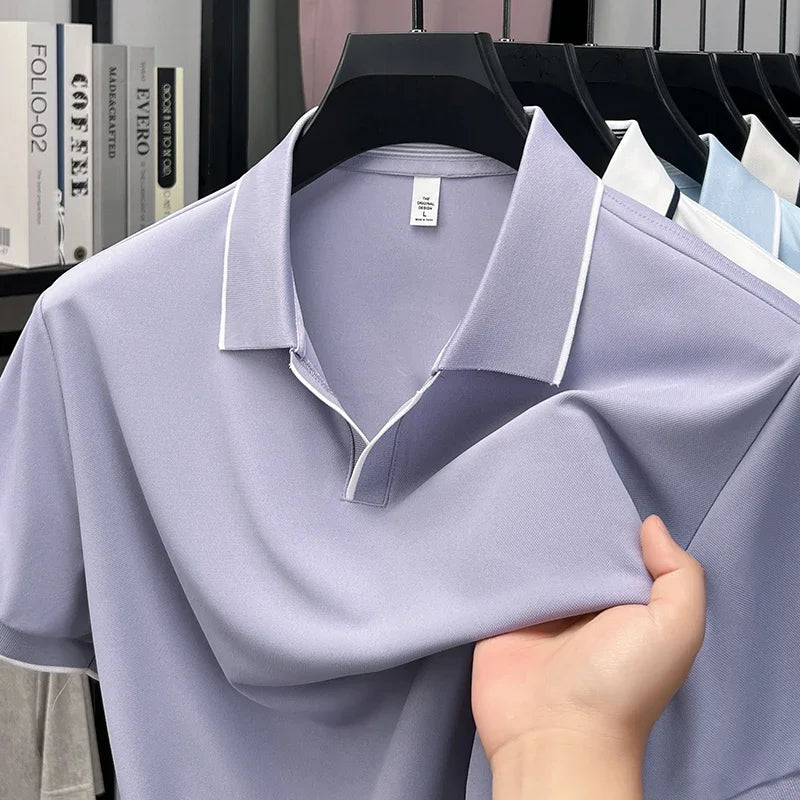 Men's Open-Neck Polo Tee - Silky Cooling Fabric, Breathable Slim