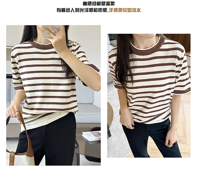 Summer new 100% pure cotton knitted short sleeved casual women's T-shirt round neck loose Tees striped pullover Tops cool