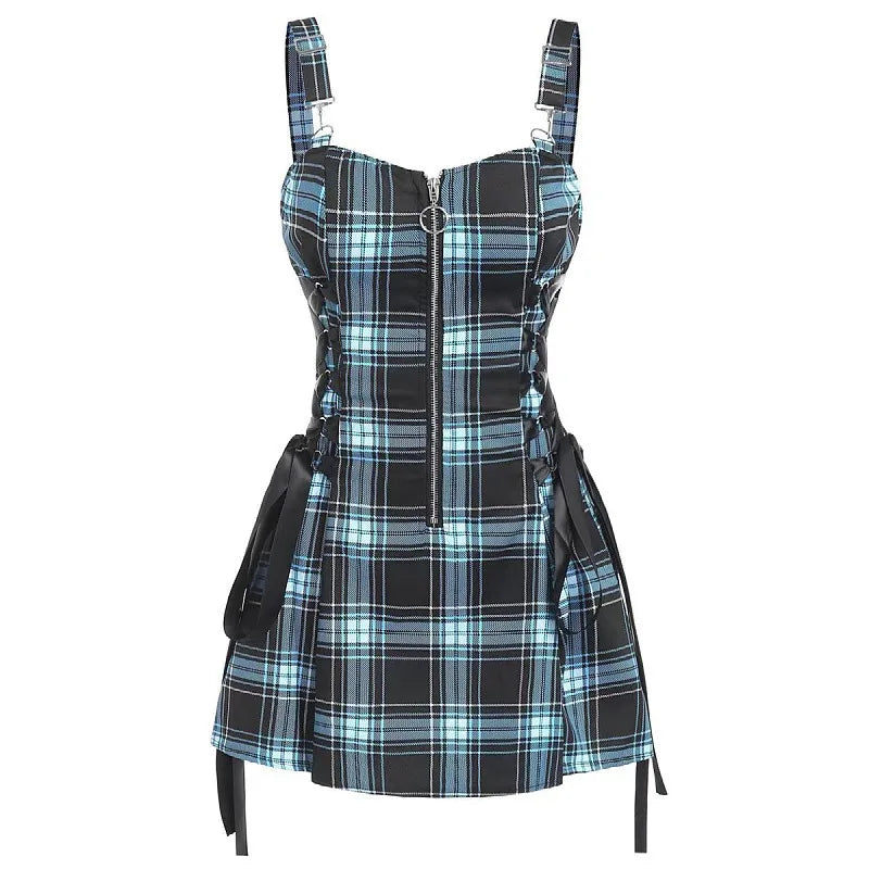 Dark Gothic Women Plaid Dress High Waist Bodycon Vintage Punk Harajuku Lolita Sleeveless Streetwear Y2K Sexy A-Line Mini Dresses