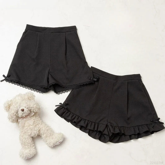 Japanese Gothic Y2k Lolita Shorts Women's Sweet Ruffles Bow High Waist Short Pants Cute Girls Harajuku Casual Loose Black Shorts