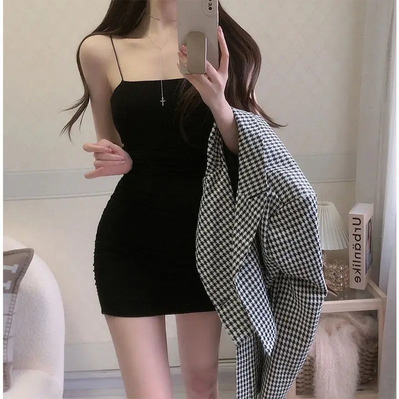 Elegant Solid Sling Sleeveless Type A Sheath Mini Short Dresses Summer New Sexy Slim Toning Arm Covering Dresses