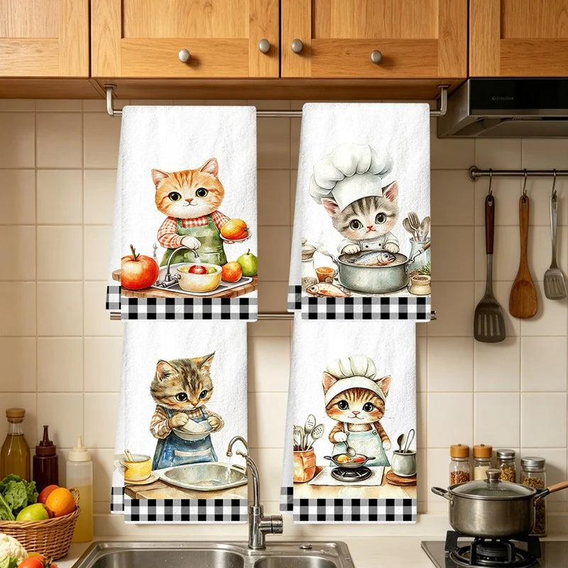 Cute Cat Print Kitchen Towels - 4 Pack Microfiber Dish Cloths