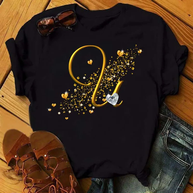 Women's Personalized Letter Graphic Tee — Gold Diamond-Font Monogram Short-Sleeve Top