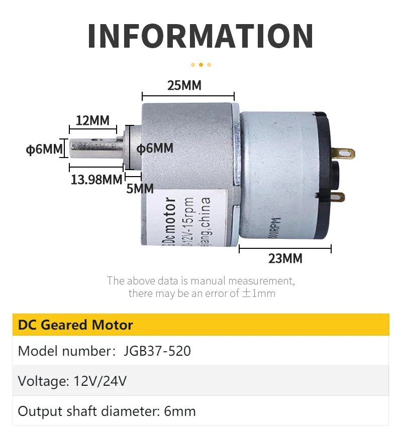JGB37-520 Miniature High Torque Micro Metal Gear Reducer Motor 12V/24V 5RPM~750RPM Micro Speed Adjustable Forward And Reverse