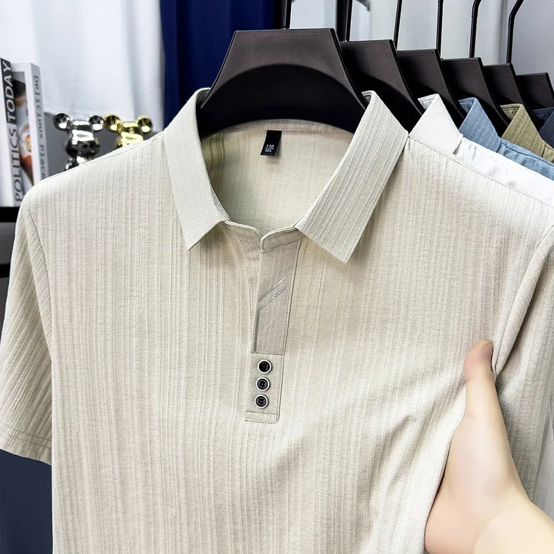 Men's Vertical-Texture Polo - Lightweight Soft, Three-Button Lapel