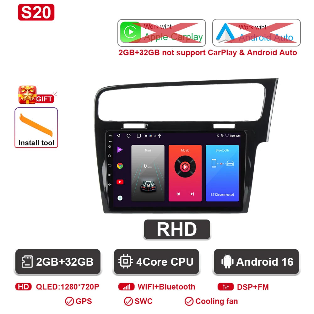 Android Car Stereo for VW Golf 7 MK7 GTI (2012–2021, RHD) — CarPlay, Android Auto, GPS, 2-DIN