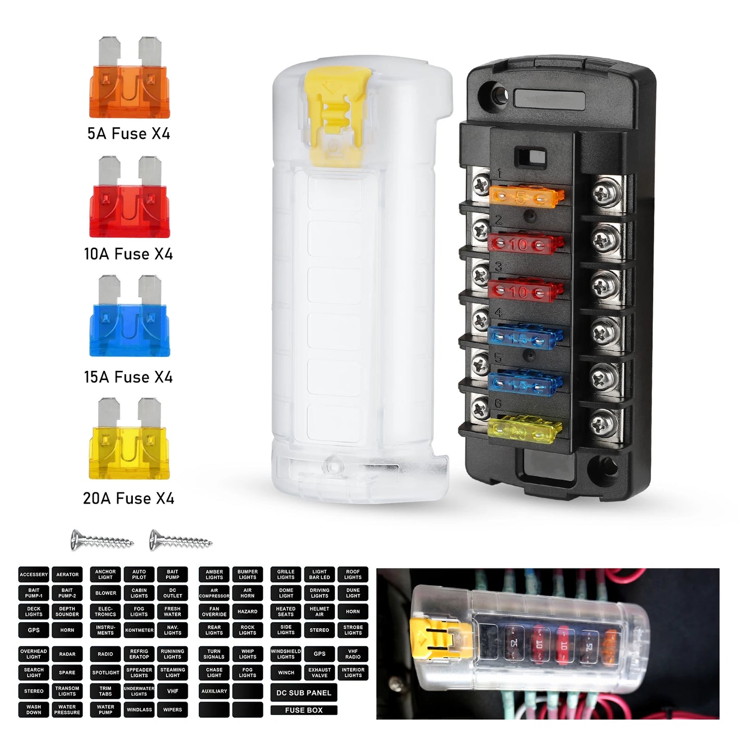 6/12 Way Car Boat Blade Fuse Box Block Holder LED Indicator 12V 32V Auto Marine Waterproof Power Distribution Panel Board