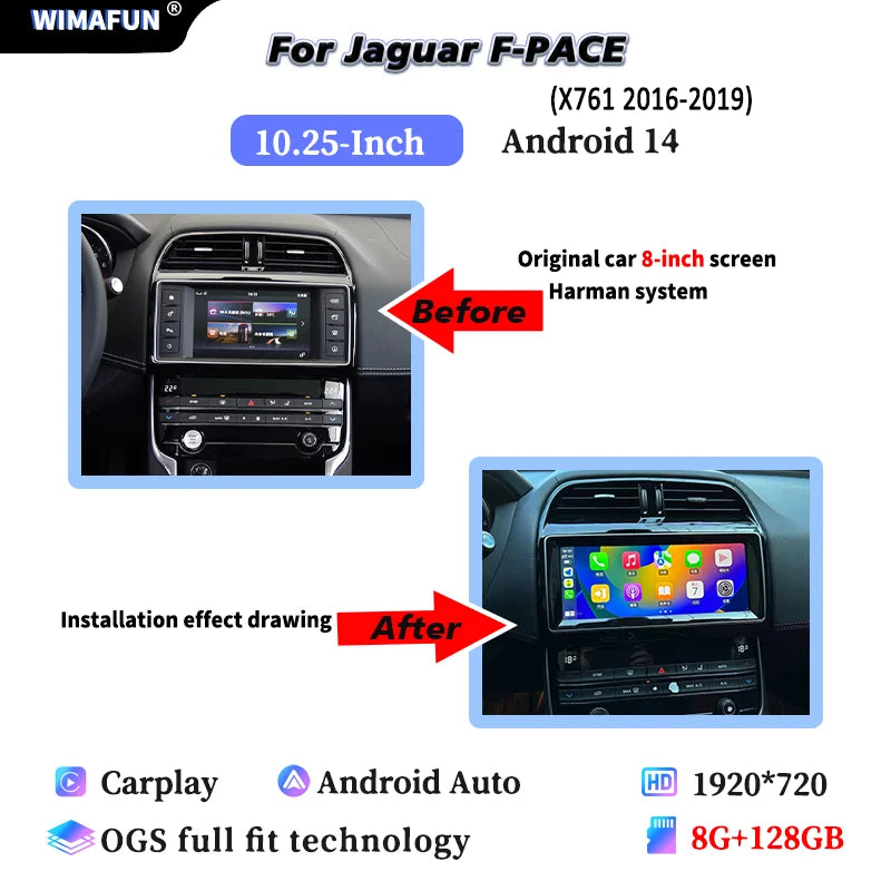 10.25" For Jaguar XE F-PACE X760 X761 Android 14 2016 to 2019 Car Radio Multimedia Player CarPlay and Auto Smart Car System