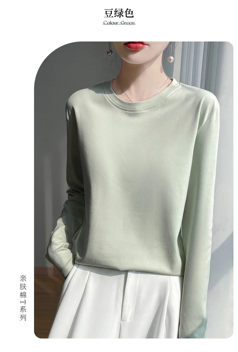 Spring And Summer New Mercerized Cotton Long Sleeve T-shirt Women's Round Neck Loose 100% Cotton Bottoming T-shirt