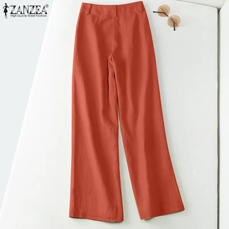 ZANZEA 2026 Spring Summer Cotton Linen Pants Women Long Trousers Wide Leg Plain Holiday Casual Pants Streetwear Fashion Bottoms