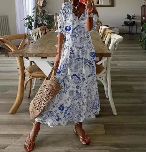 Women's Boho Maxi Dress – Casual V-Neck Drawstring Long-Sleeve Printed Bohemian Dress
