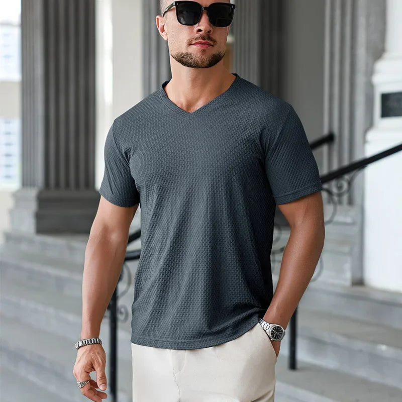 Men's Ice-Silk V-Neck Tee - Jacquard Quick-Dry, Casual Daily Wear